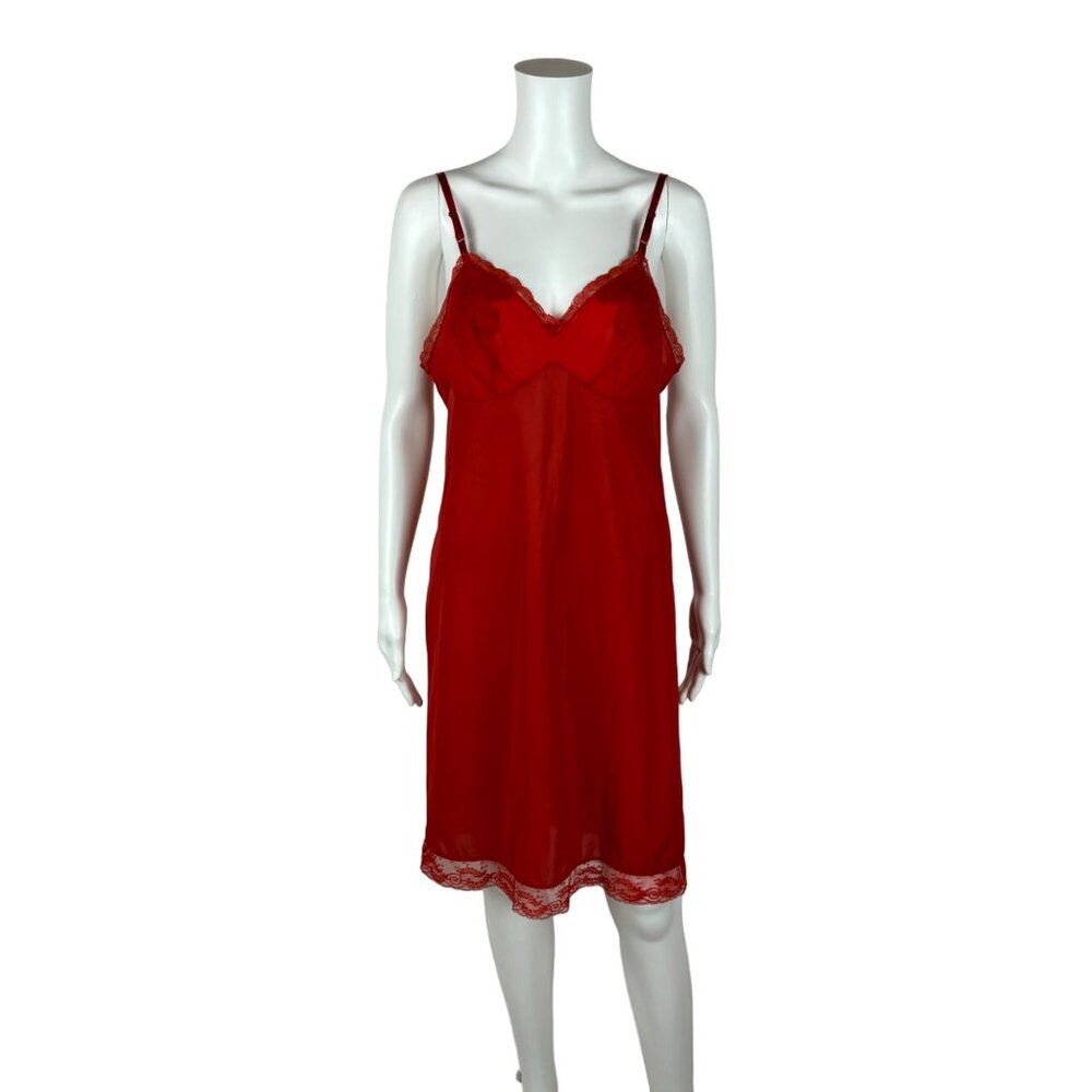 Vintage Red Slip Women's Small Floral Bodice Lace Trim Nylon Dress Vanity Fair